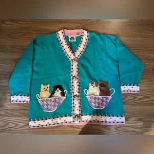Storybook Knits Teal and Pink Cat Cardigan